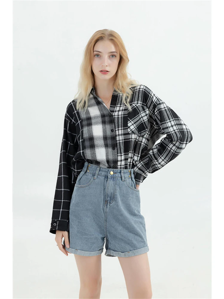 Oversized Plaid Patchwork Blouses Vintage Streetwear Boyfriend Shirt For Ladies Ulzzang Harajuku Long Sleeve 2022 Blusas Tops