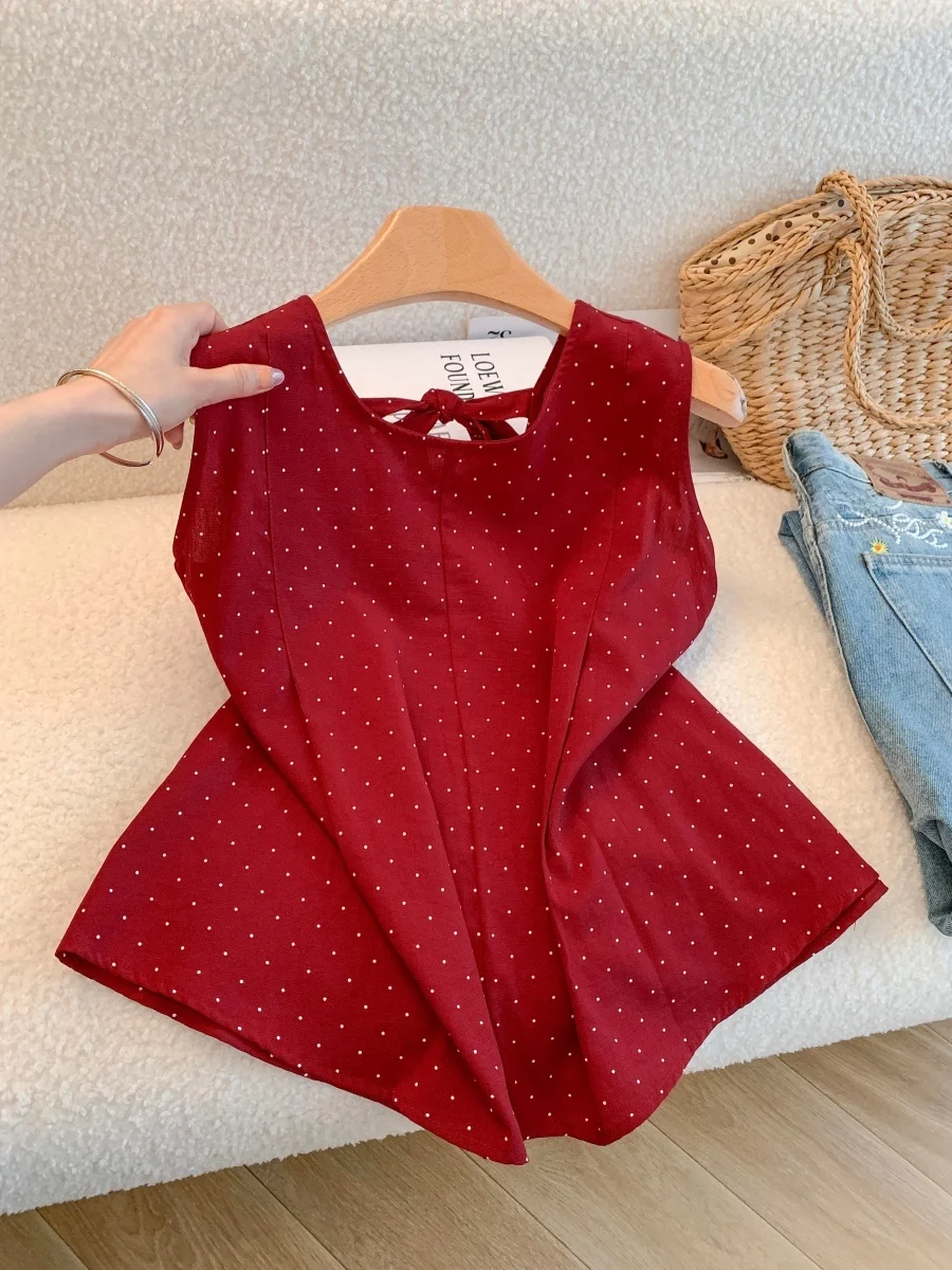 

Sweet Polka Dot Sleeveless Vest Women's Summer Outdoor Wear Loose Fit round Neck Red Top French Style Breathable Thin Fabric