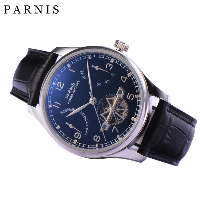 

Casual Parnis 43mm Black Dial Automatic Mechanical Men Watch Leather Strap Calendar Tourbillon Men Watches reloj 2024 Clock Gift