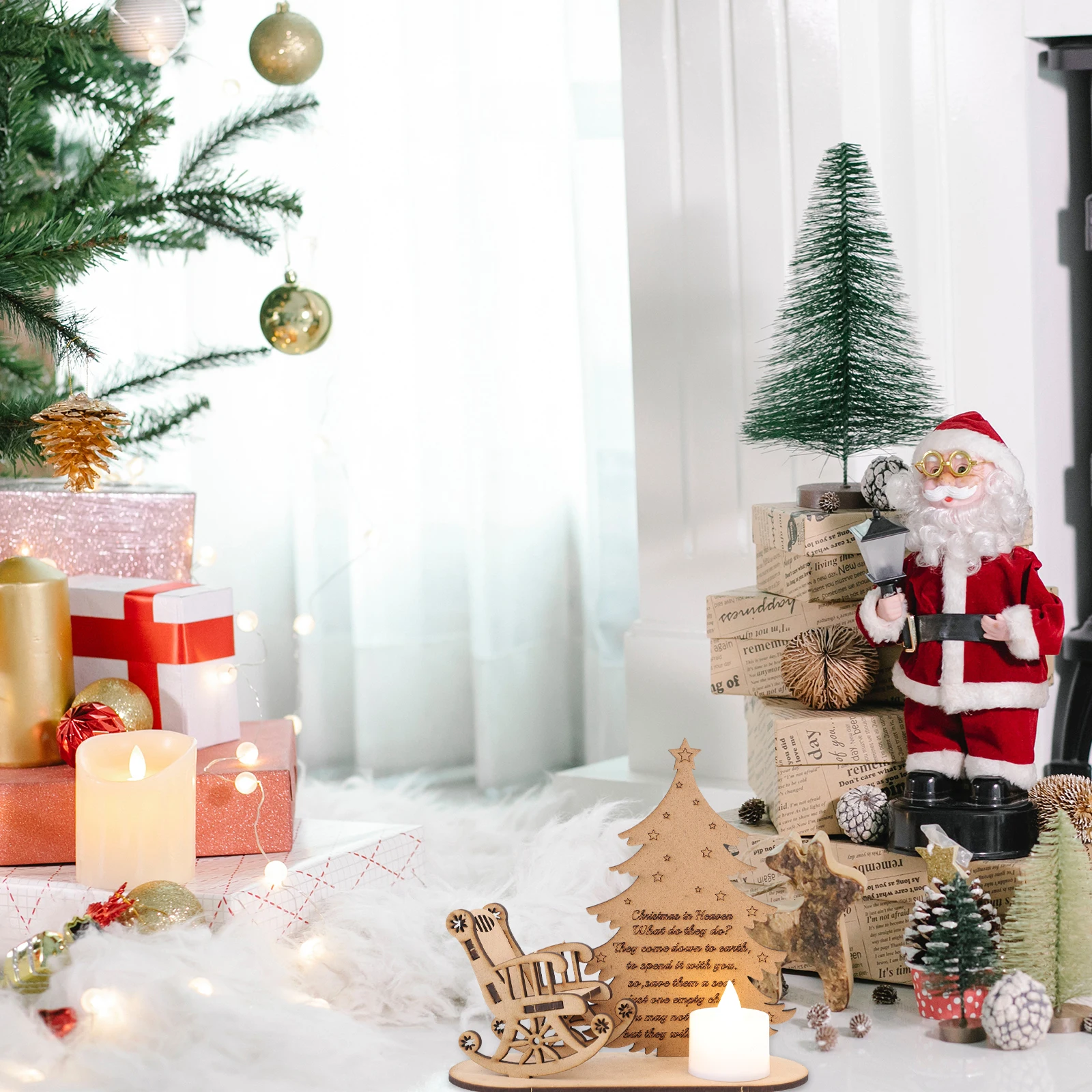 

1pc Wooden Ornaments Christmas Decor DIY Craft Xmas Desktop Adorn Lace Centerpieces Dining Table Electronic LED Lighting
