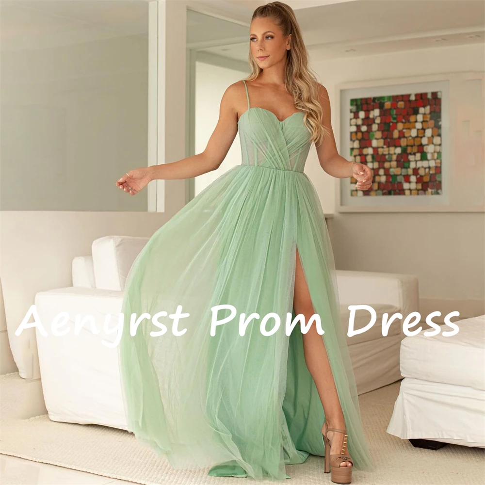 Aenyrst Light Green Spaghetti Strap Corslet Tulle Evening Dresses A Line Side Split Prom Gowns Floor Length Dinner Party Dress