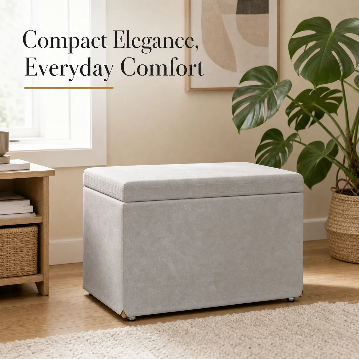 Pouf ottoman en velours gris clair 61x41x40cm, repose-pieds avec base en bois d'ingénierie