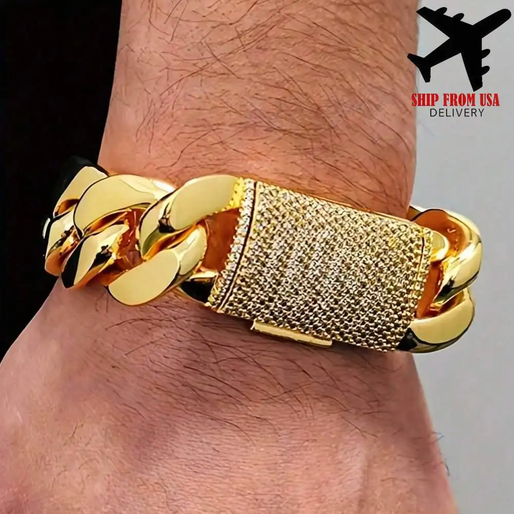 18-22mm Heavy Miami Cuban Chain 14K Gold Plated Brass Bracelet Cut Clasp Hip Hop Jewelry unisex Cubic Zirconia Cuban Bracelet
