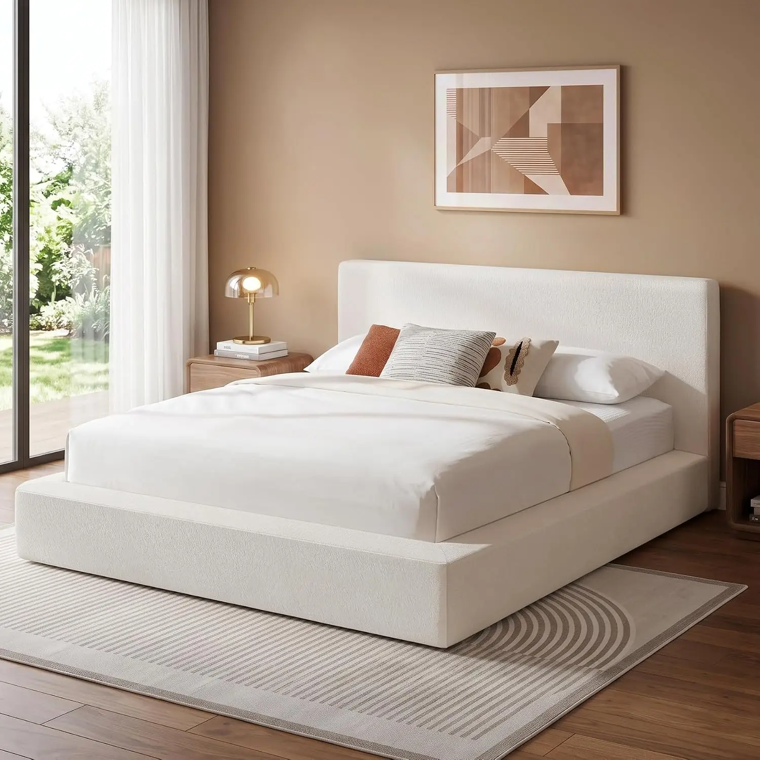 Queen Upholstered Platform Bed Frame, Headboard, No Box Spring, Low-Profile Chenille, 5