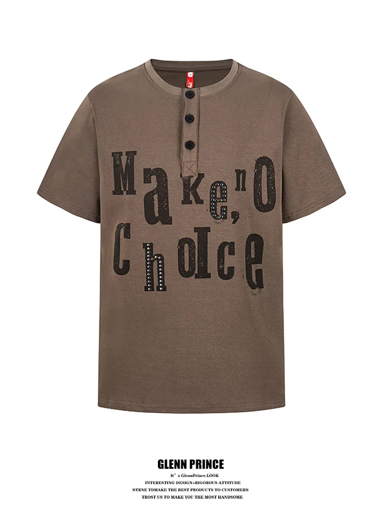 

American Retro Rhinestone Printed Letter T-Shirt Men's Summer Street Lazy Top Henry Collar Short Sleeve Cotton Youth Fashion