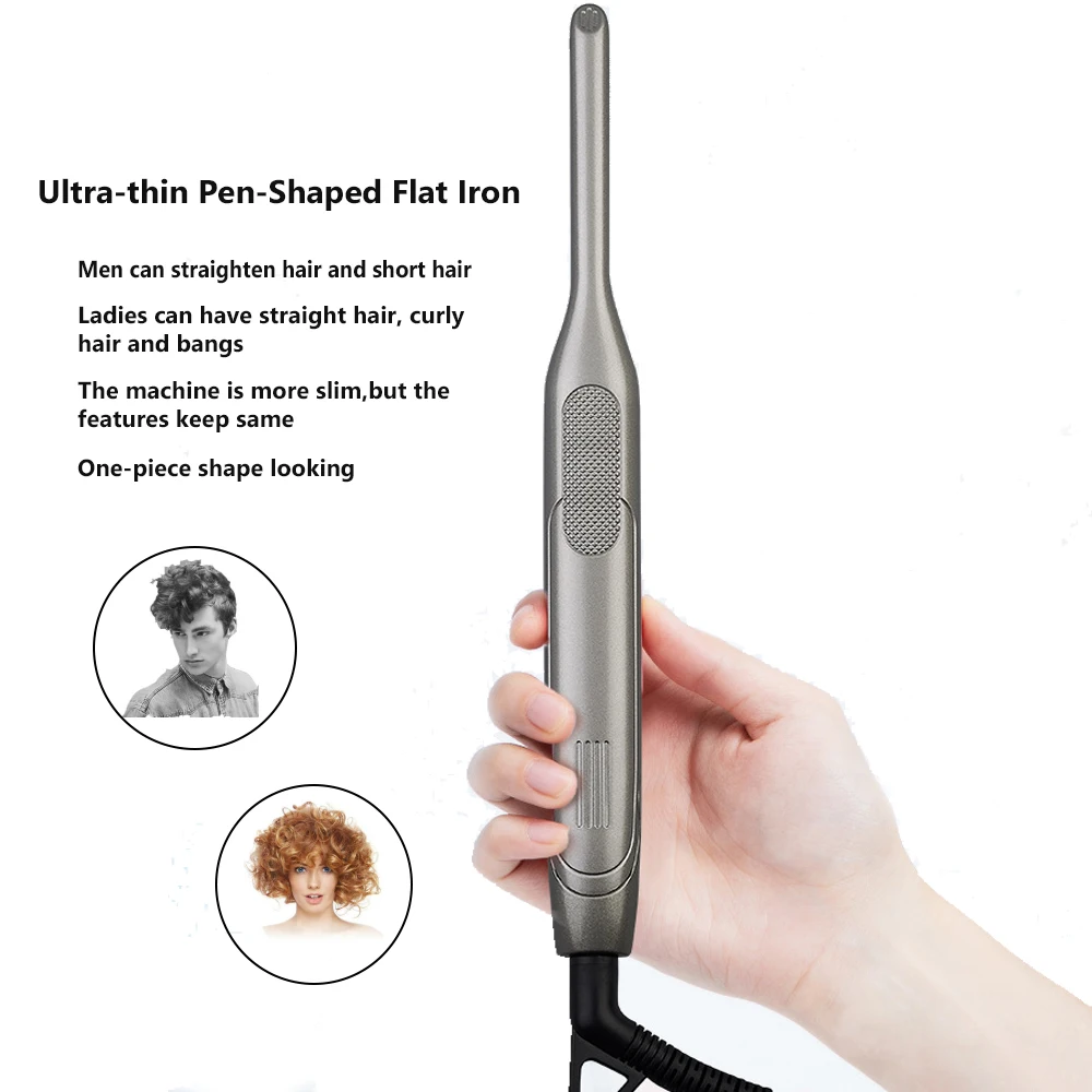 Portable Hair Straightener Comb Pencil Hair Curler Two in One Ceramic Thinnest Narrow Flat Iron with LED Display for Short Hair