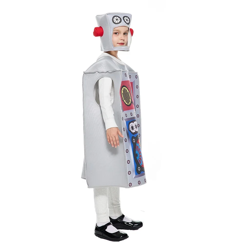 Funny Robot Jumpsuit Cosplay Costume Halloween Kids 3D Printed Headgear Fancy Party Dress Children Boys Girls One Size