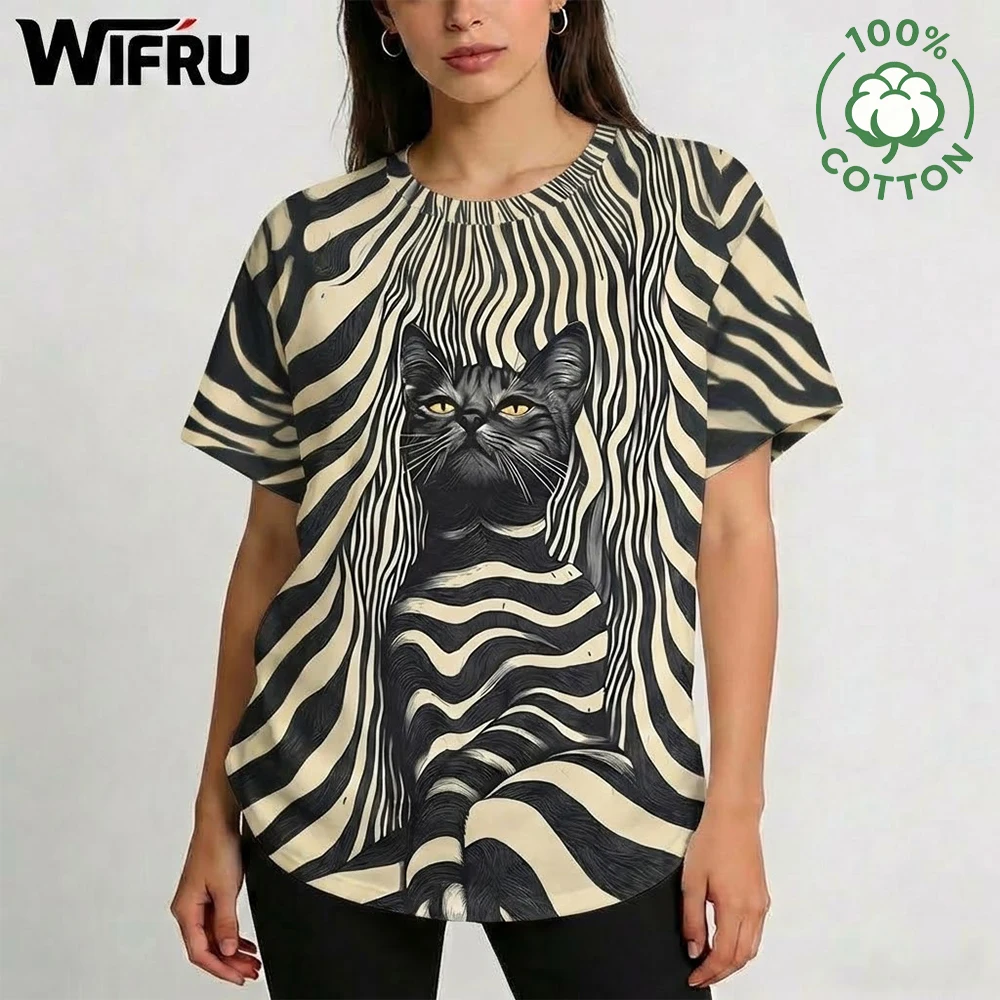 

2026 Fashion Zebra Striped Black Cat Print T-Shirt Women Retro Casual Loose O-Neck Natural Cotton Top Funny Animal Graphic Tee