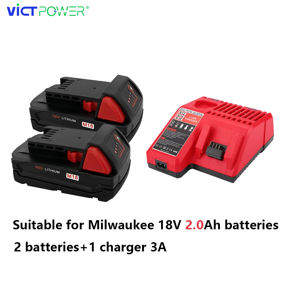 

2 battery And 1 Charger Rechargeable Lithium Ion Power Tool Drill Battery 18B 18 Voltage 2Ah/2.5Ah/3Ah For Milwaukee M18 Battery