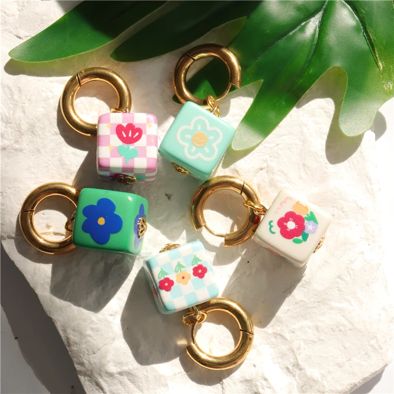 HANGZHI Macaron Color Checkerboard Dice Earrings Tulip Daisy Flower Heart Print Dangle Ear Hoop for Women Girls Party Jewelry