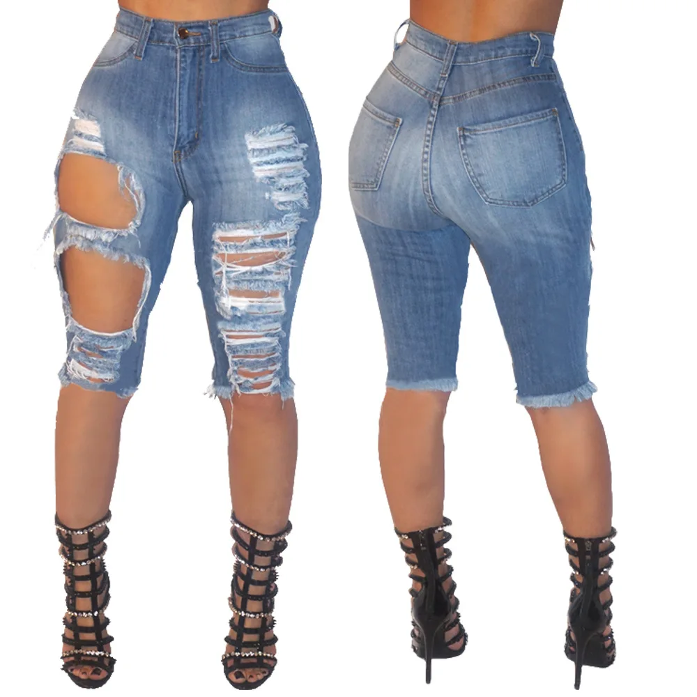 

2022 Summer Hot Sale High Waist Ripped Denim Shorts For Women Fashion Elastic Skinny Sexy Knee Length Jeans Shorts S-2XL