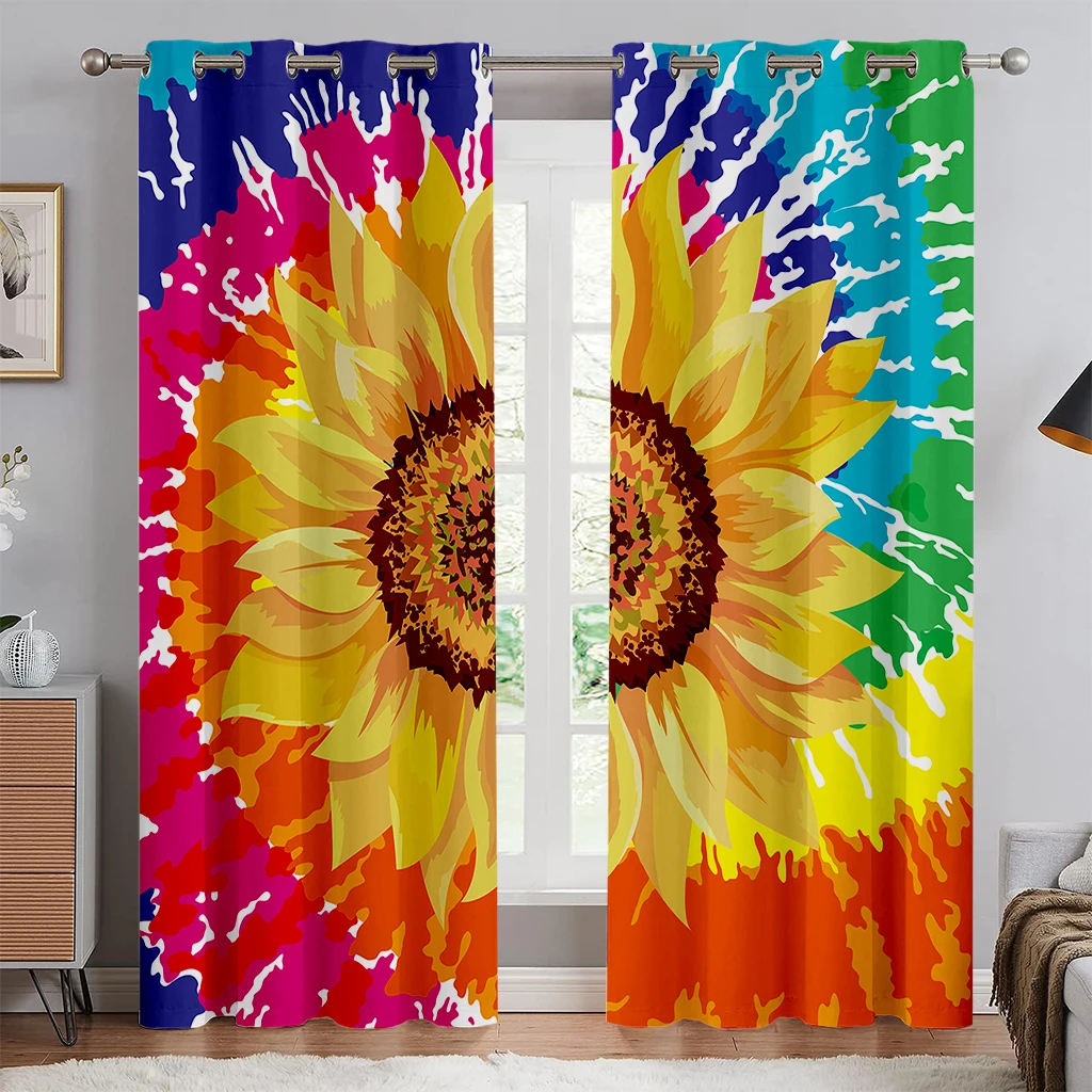 

Colorful Floral Curtains Sunflower Sunshine 3d Printing Children's Room Living Room Study Decoration Rod Pocket Curtains 2 PCS