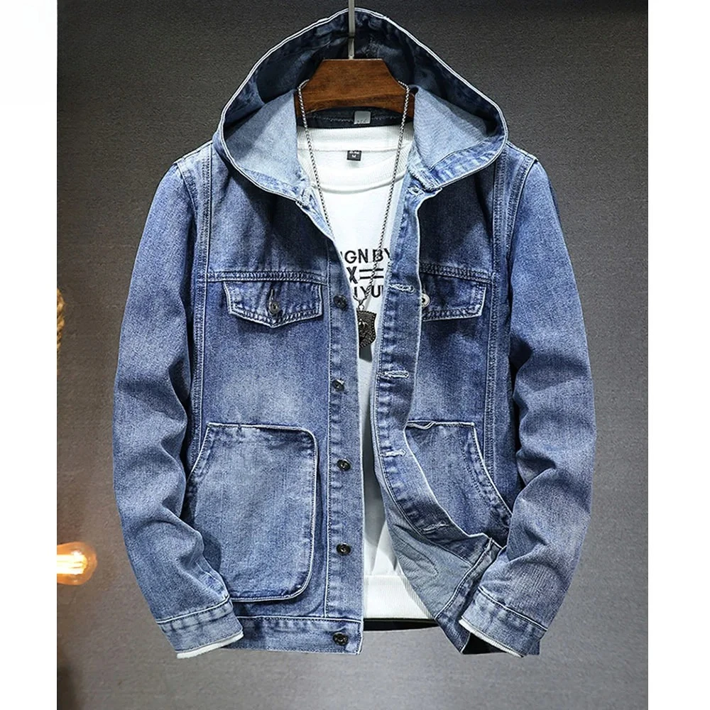 

Мужская джинсовая куртка Ladiguard больших размеров с капюшоном, длинными рукавами и множеством карманов, винтажная базовая модель