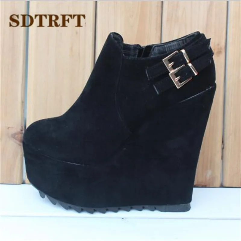 

Ботильоны SDTRFT, туфли на высоком каблуке-шпильке, туфли-лодочки на танкетке 15 см для ночного клуба, женская обувь из флока на платформе, Zapatos Mujer, большой размер