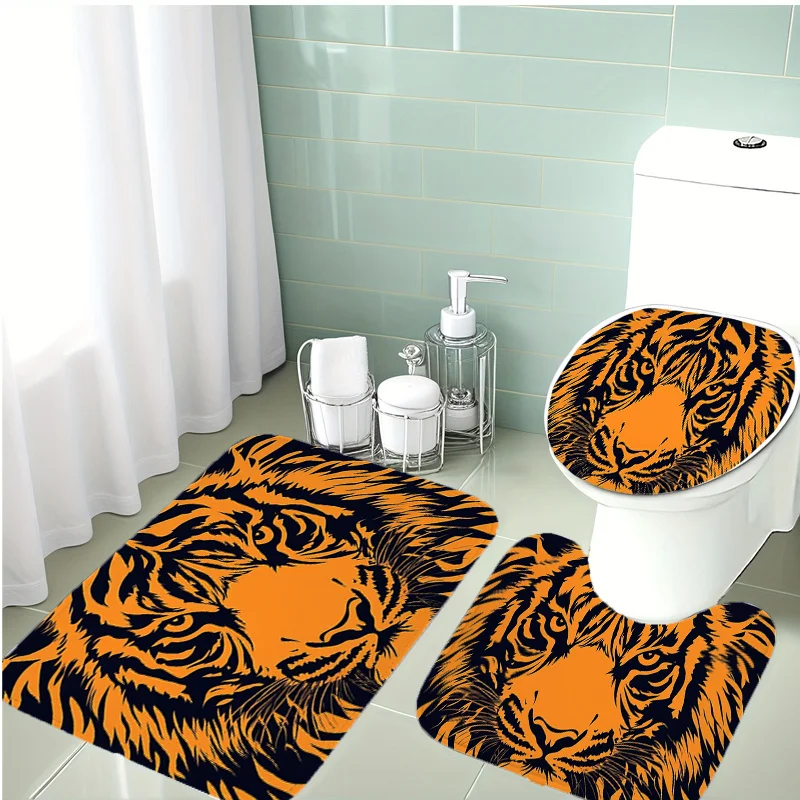 

Tiger Print 3pc Bath Set – Black & Orange Wild Design, Soft Flannel Toilet Cover, U Mat & Floor Rug, Non-Slip Decor