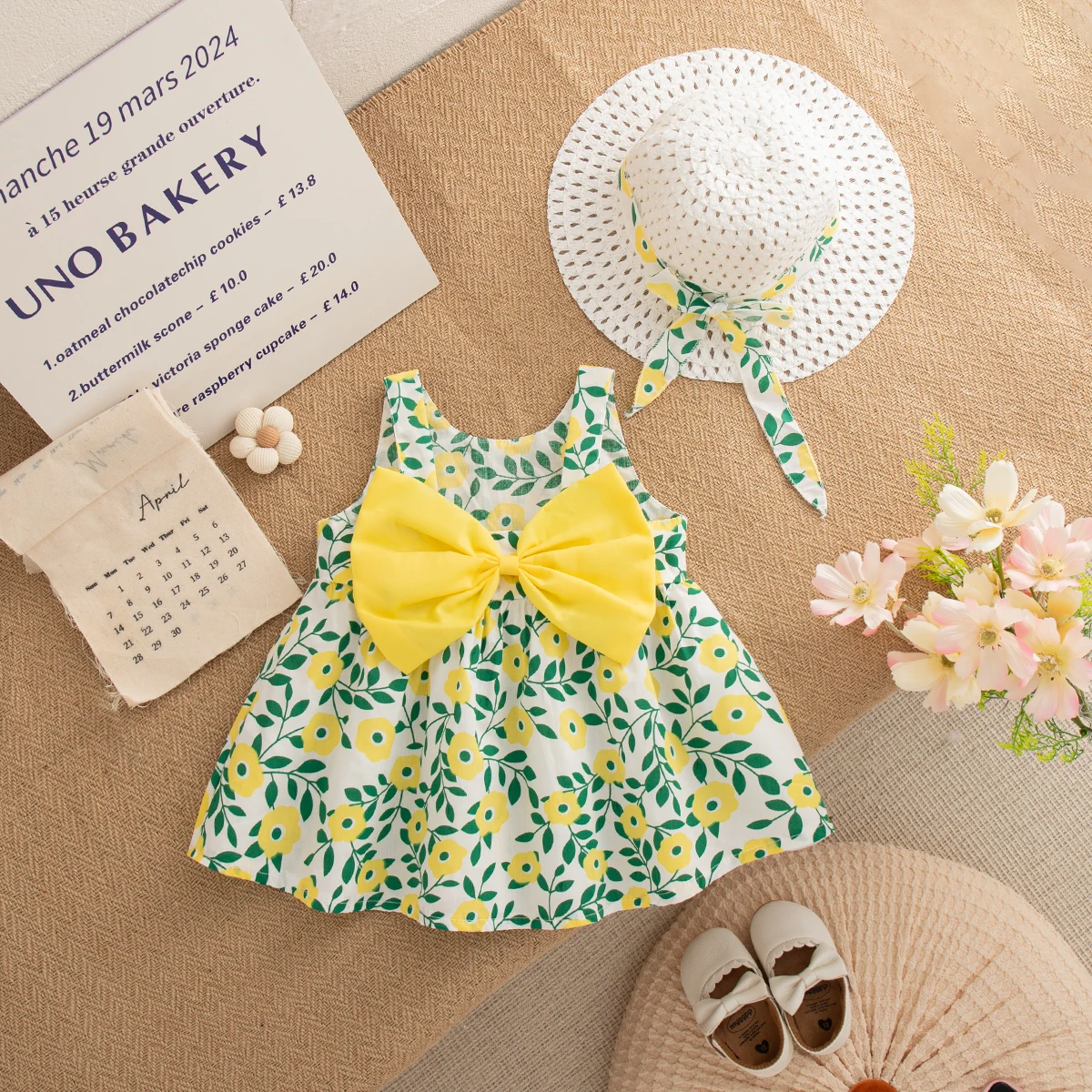 

Baby Girl Yellow Dress Flower Printed Birthday Party Dress for Kids Fashion Baby Clothes Send Hat