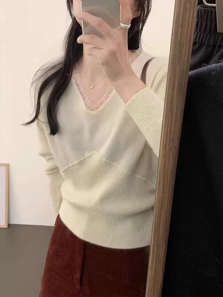 Maglione di lana lavorato a maglia da donna allentato V-Ne Lace Trim Faionable Base dimagrante irt Innerwear Trendy Long Sve Top