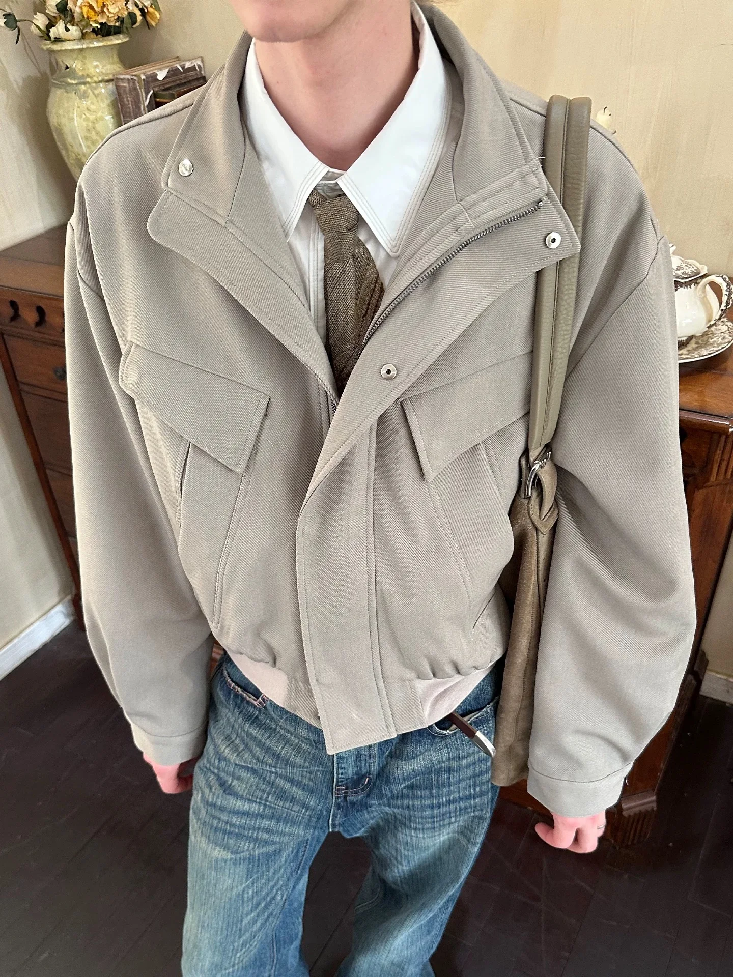 

American Sle Semi-stand Collar Workwear Jaet Men's Boxy ort Wide Commute Coat Autumn Winter Retro ex Polyester Nylo...