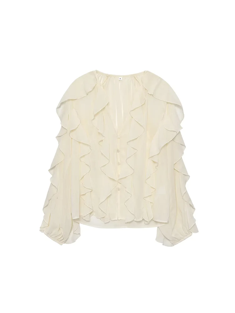 

European and American style summer new women's casual vacation style elegant ruffled V-neck long-sleeved shirt top