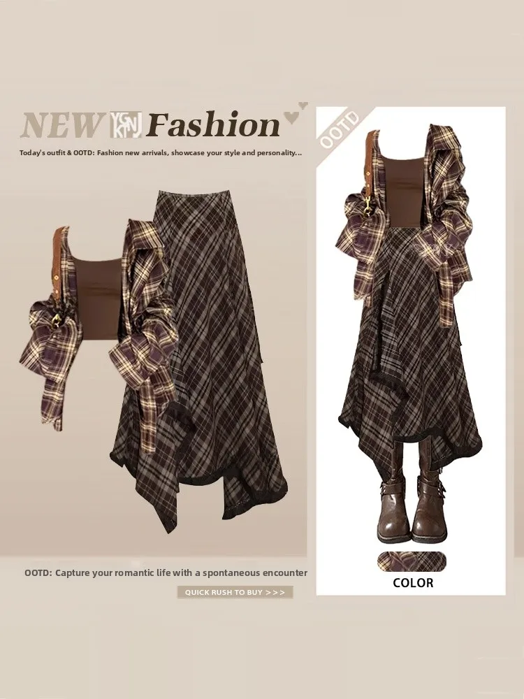 

Browan Plaid Loose irt Spring Summer Vest Irregular f Skirt Tee-piece Set Women's Faion Casual Wear Post-aalyptic...