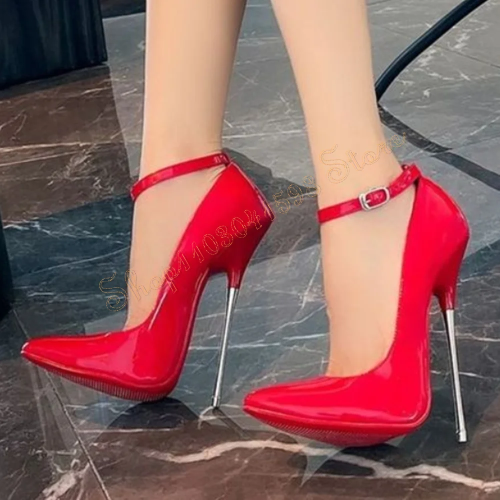 

Red Pointed Toe Ankle Strap Pumps Metal Stiletto Heels Patent leather High Heel Shoes for Women Heels 2024 New Zapatos Para Muje