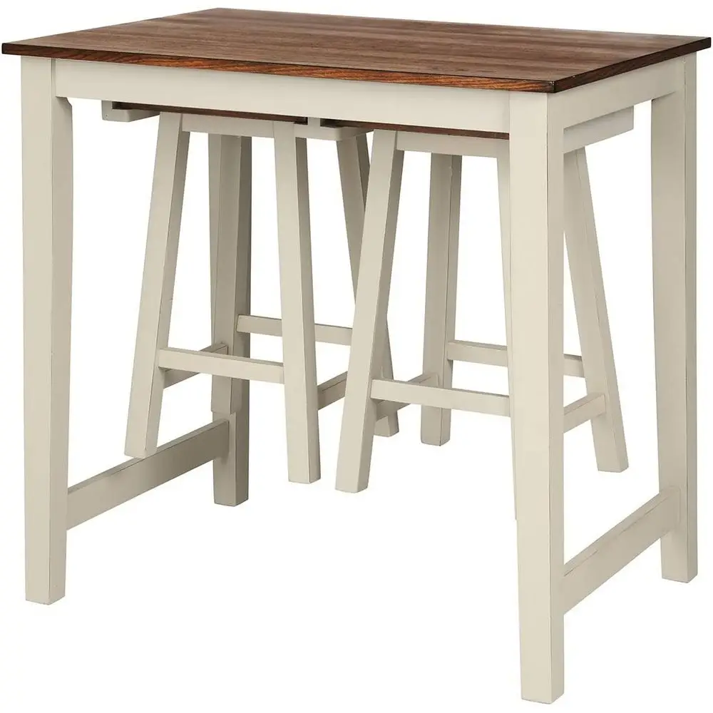 카운터 높이 3피스 펍 세트, 새들 바스툴 2개 포함, 거실이나 주방용 브라운 & 밀키 화이트 선술집 테이블