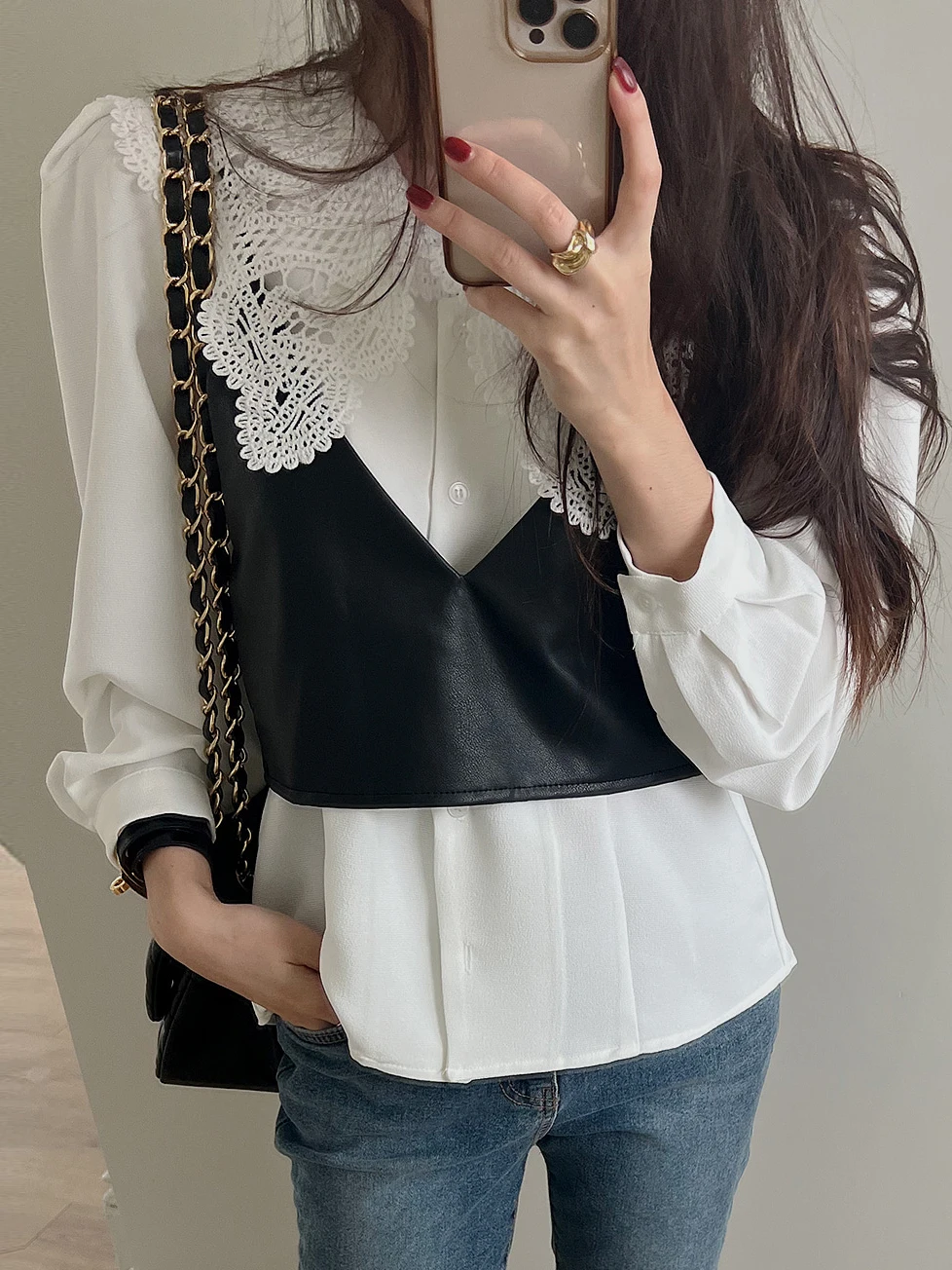 

Ele White Lace irt with Large Collar Women's Top plus PU Vest Two-Piece Set Faionable Adult Autumn Wear