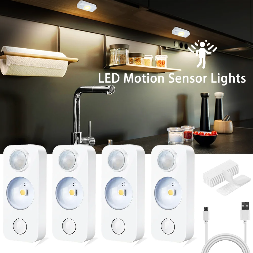 

4PCS LED Motion Sensor Lights Rechargeable Cabinet Lights Wireless LED Night Light Human Body Sensing for Closet Shelf Cabinet