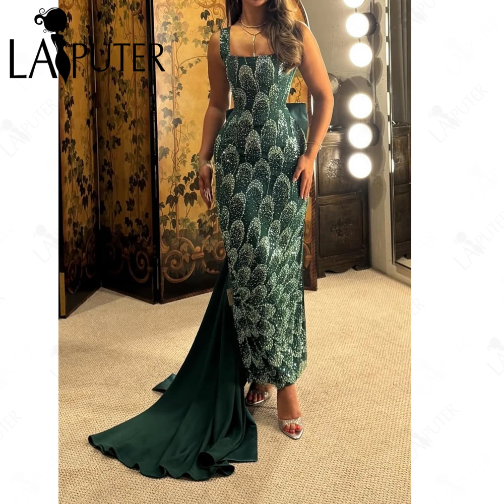 

Luxury Green Lace Column Prom Dresses Peacock Ankle Length Evening Gown Exquisite Bead Flower Lace Woman Formal Dress