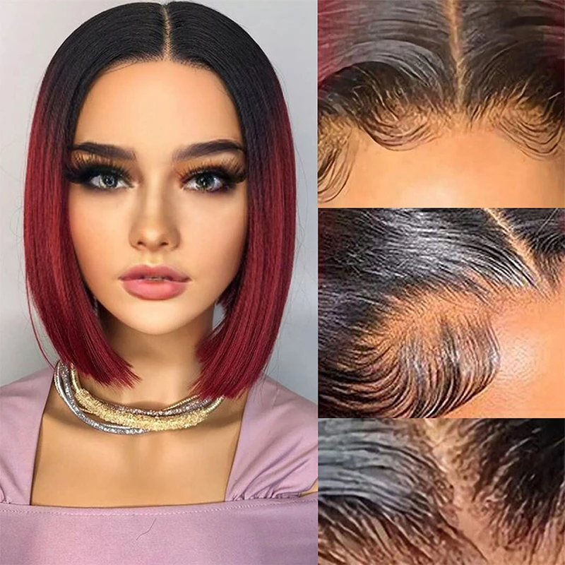 1b/99j borgonha curto em linha reta bob perucas de cabelo humano brasileiro frente do laço perucas de cabelo humano pré arrancado t parte perucas de renda cabelo remy