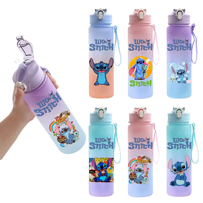 750Ml Disney Lilo Stitch Water Bottle Plastic Drinking Cup with Carrying Cord Thickened Double Straw for Sport Fitness Jug