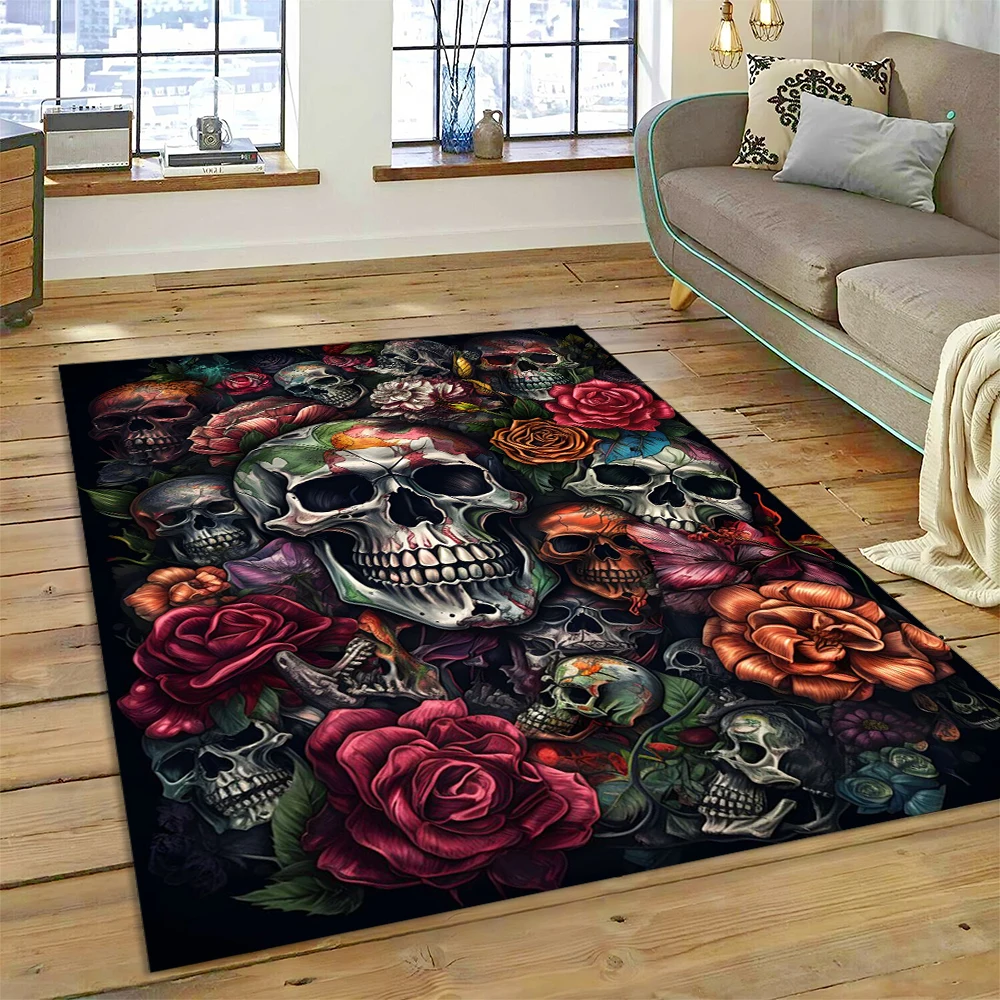 Horrible Skull Flower Gothic Cartoon Carpet Rug for Home Living Room Bedroom Sofa Doormat Decor,Kid Area Rug Non-slip Floor Mat