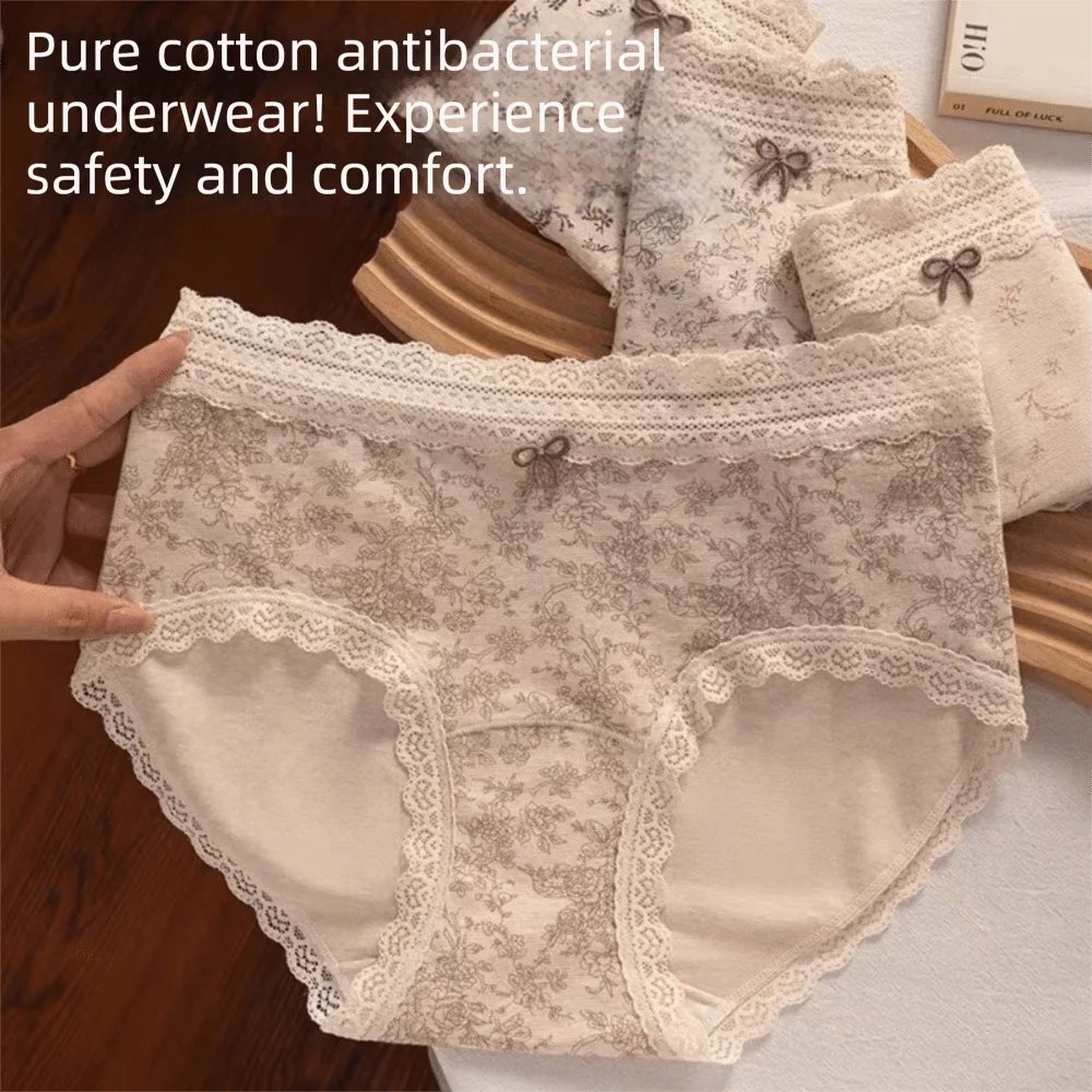 Breathable Mid Waist Lace Cotton Panties Bunny Sweet Underwear for Women Flower Bear Floral Lace Briefs Summer