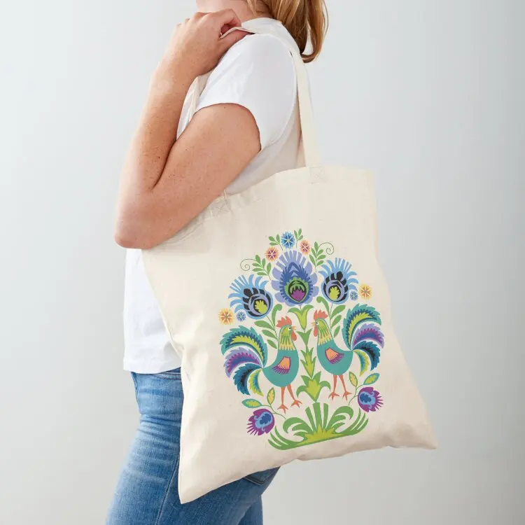 

Polish Folk Design Two Roosters Tote Bag foldable reusable bag Canvas stote bag Shopping bags tote screen
