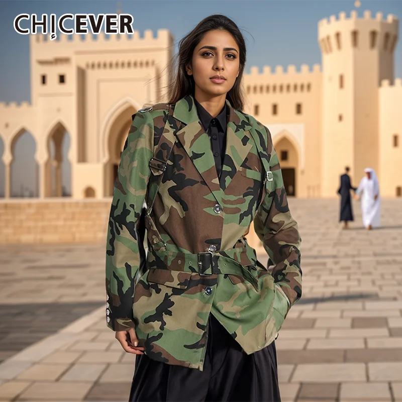 

CHICEVER Camouflage Spliced Belt Blazers For Women Notched Collar Long Sleeve Patchwork Button High Design Blazer Female Spring