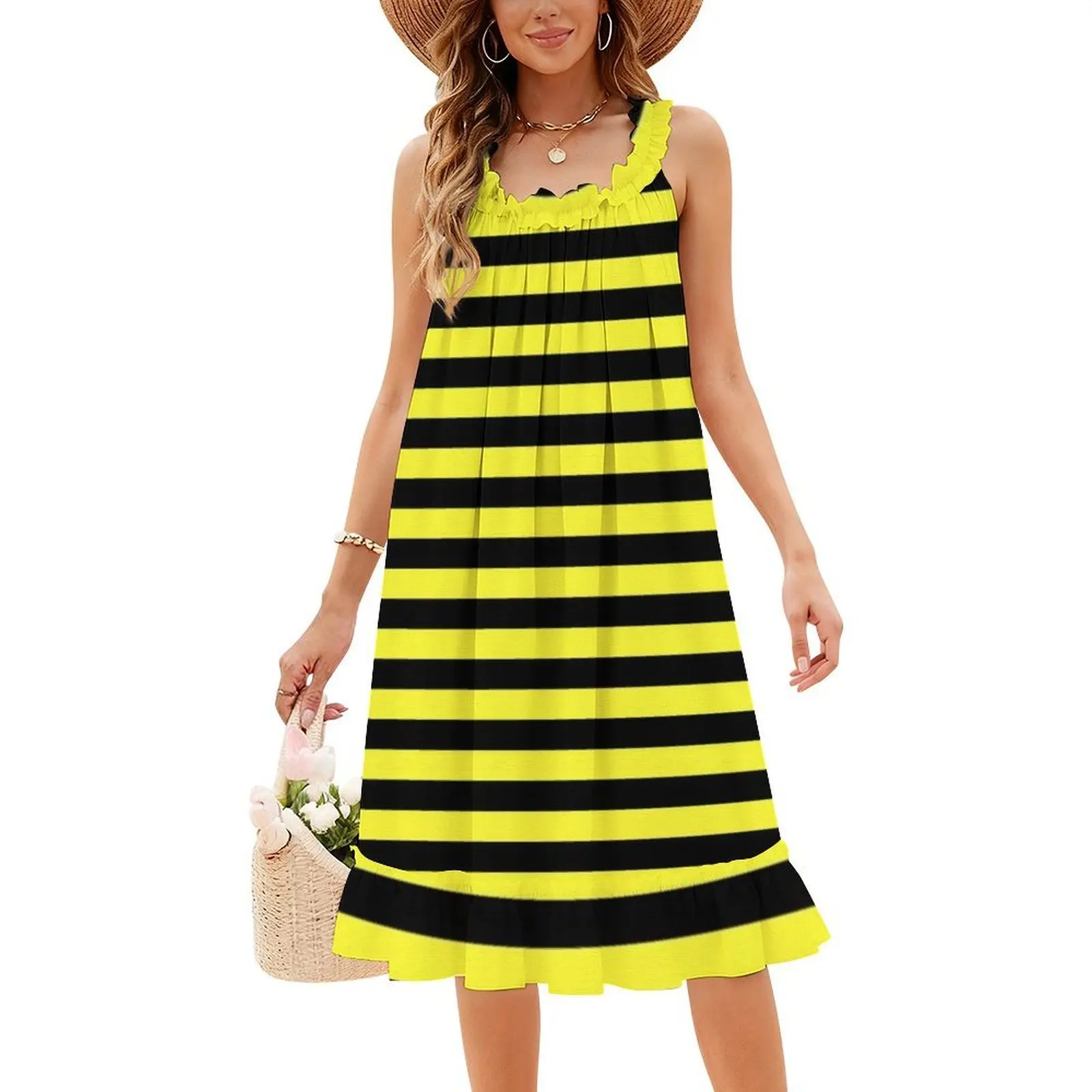 

Электрическое желто-черное платье в горизонтальную полоску в стиле бохо, шикарное платье, элегантное модное пляжное свадебное платье, электрическое желтое полосатое платье