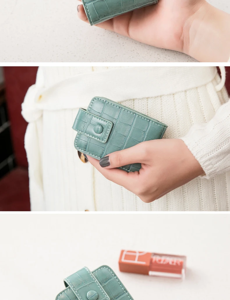 Tragbare Mini-Lippenstift-Tasche mit Spiegel, minimalistische kleine Kosmetiktasche mit Knopf, Damen-Make-up-Aufbewahrungskoffer mit Krokodilprägung – Detail 13