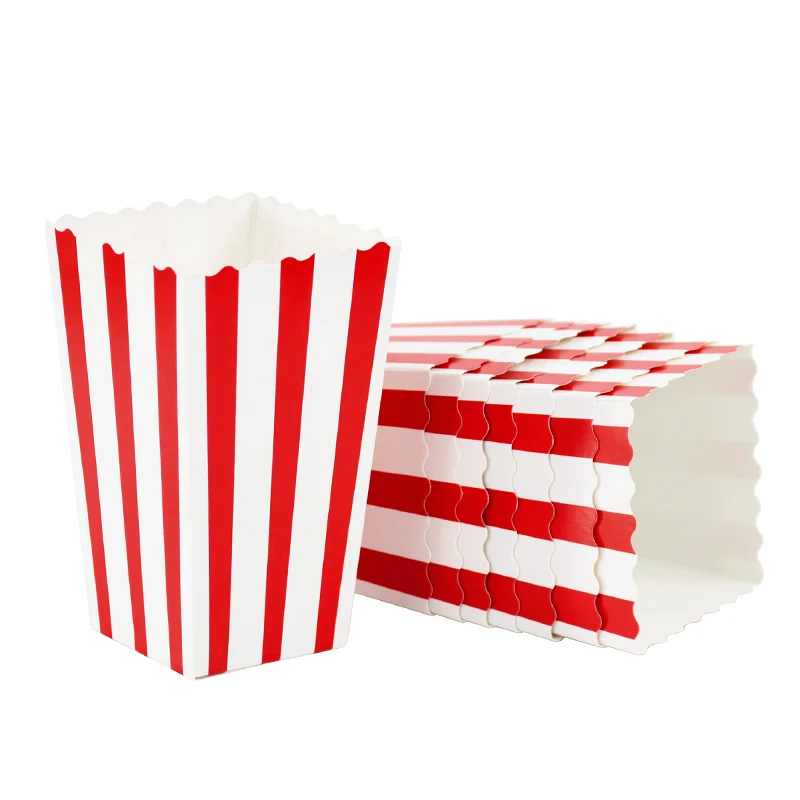 10pcs Popcorn Paper Boxes Buckets Red White Stripes Popcorn Bags Snack Containers Movie Night Birthdays Festival Party Supplies