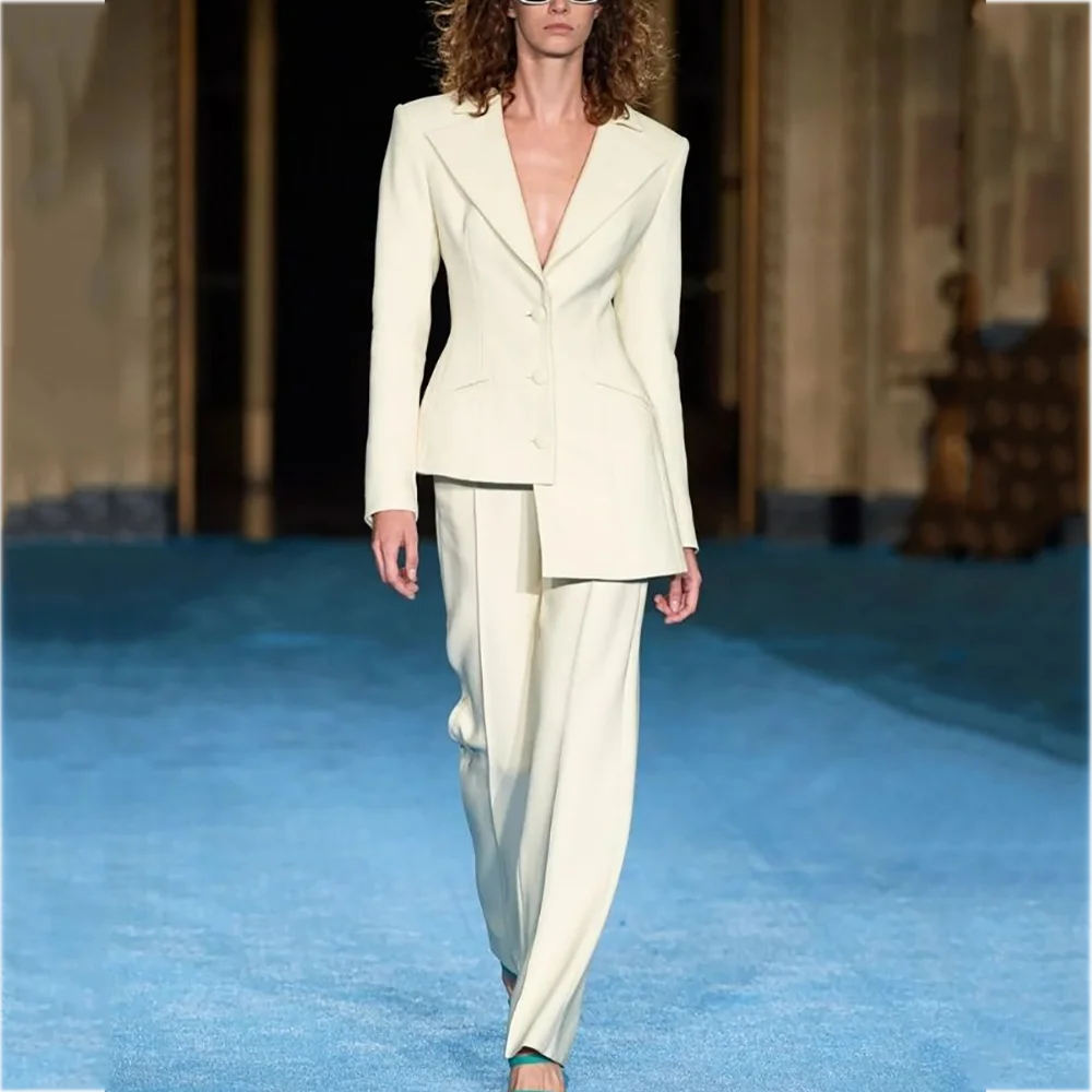 

Роскошный женский костюм из двух предметов с асимметрией, однобортный, уникальный дизайн, модель, женский наряд, куртка, брюки, модный комплект