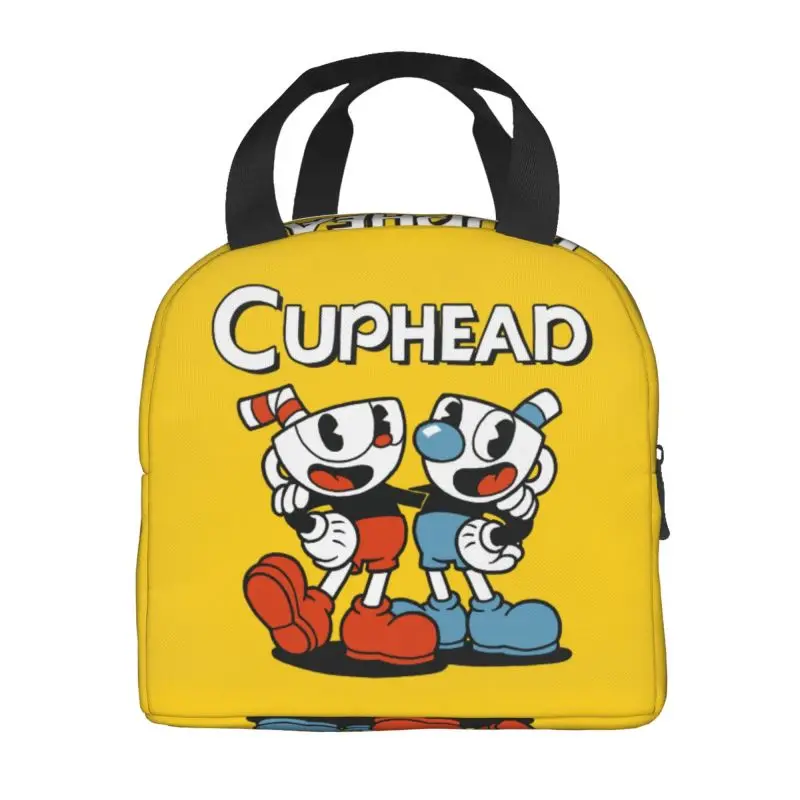 Custom Cuphead Mugman Lunch Bag Men Women Cartoon Game Thermal Cooler Insulated Lunch Box for Children School