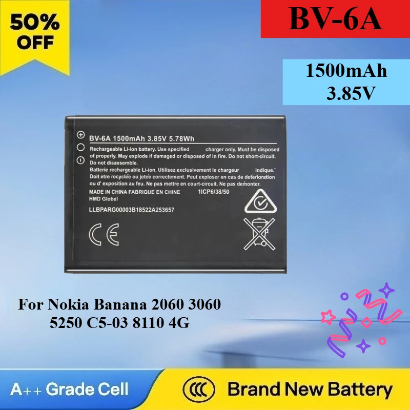 1500mAh Brand New BV-6A Replacement Battery For Nokia Banana 2060 3060 5250 C5-03 8110 4G Mobile Phone Batteries