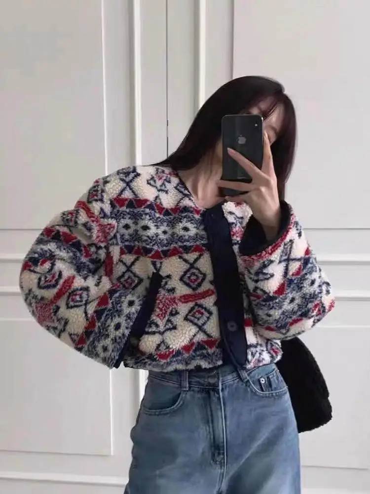 

Faionable ort eepskin Velvet Jaet Women's Winter Sli Print Fce Double-Sided Wear Cotton Coat Casual Loose Fit