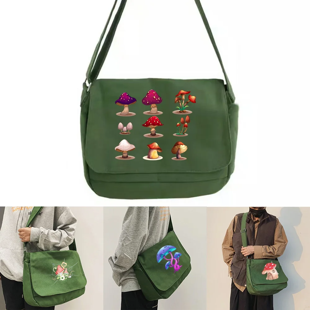 

Large Capacity Shoulder Bags Green Soft Canvas Leisure Travel Messenger Bag for Women Fashion Crossbody Package Mushroom Series