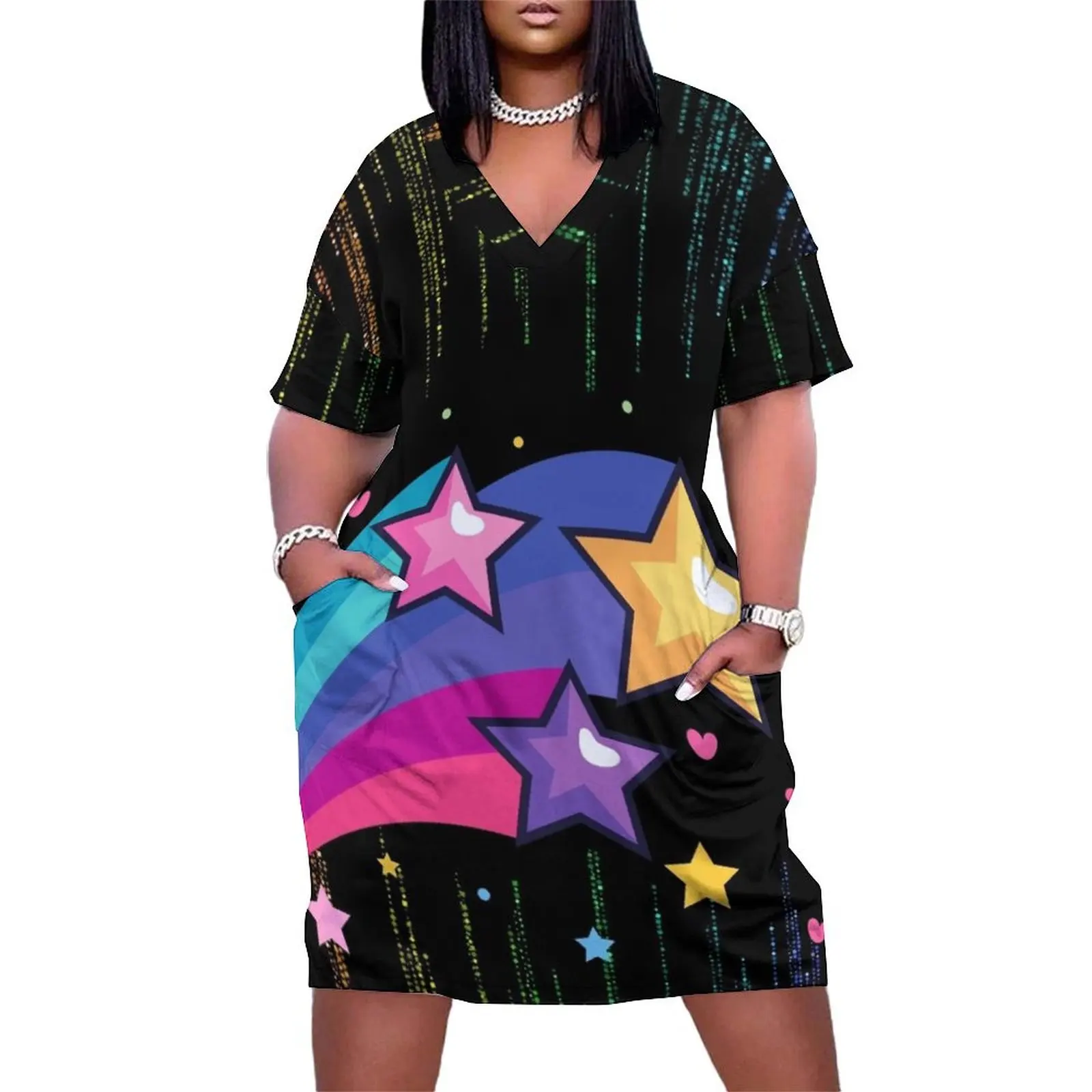 

Vibrant Color Shooting Star Illustration Digital Designs Loose Pocket Dress Women"s clothing dress women summer summer clothes