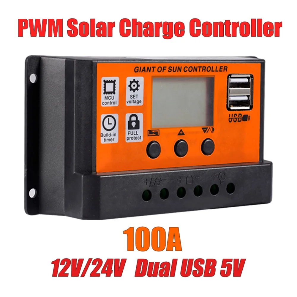 

100A/80A/60A/30A PWN Auto Solar Charge Controller Dual USB LCD Display Output 5V Car Solar Panel Battery Charge Regulator