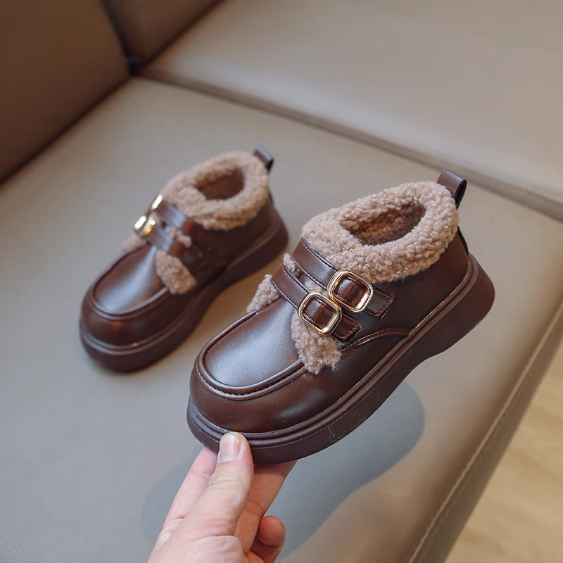 British Style Children Leather Shoes for Girls Winter 2023 Thick Soled Lamb Wool Warm Boys Uniform School Cotton Shoes Plush PU