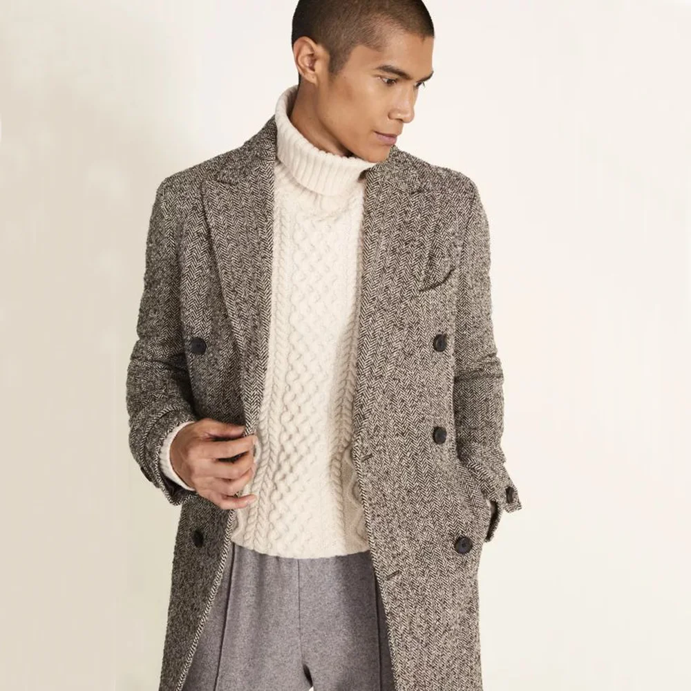 

Long Jacket Elegant Man Suit Jackets Herringbone Double Breasted With Pocket Luxury Blazers Suits Blazer Men's Clothing
