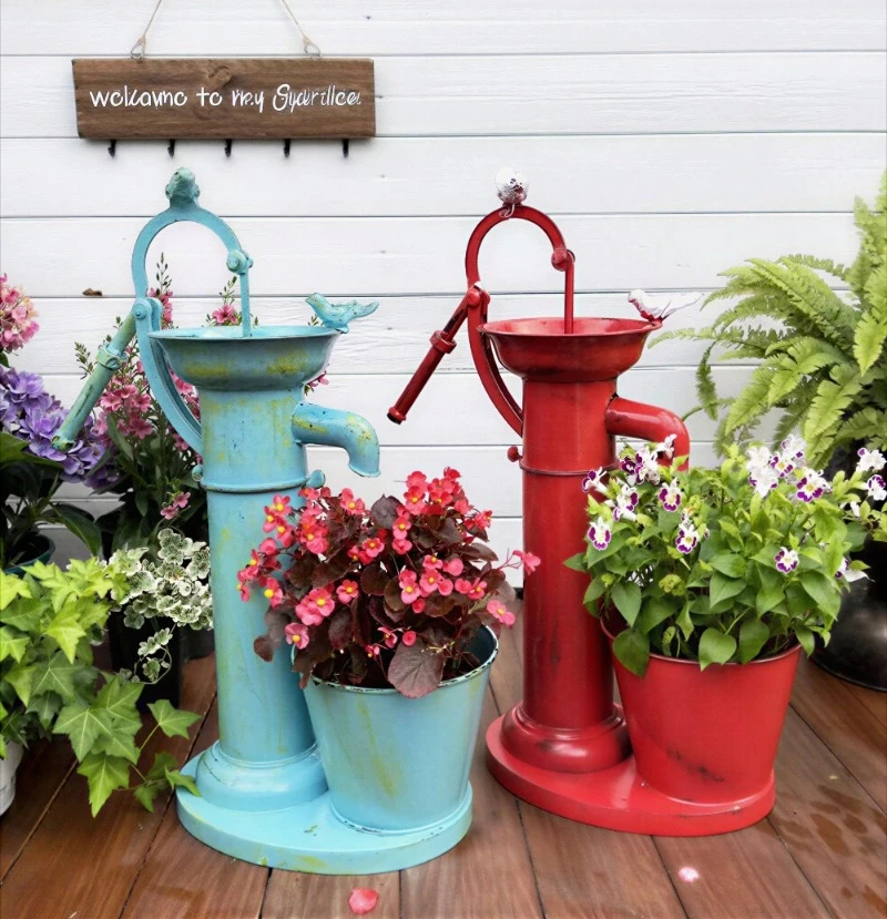 Metal Plant Stand, Vintage Pump-Style Wrought Iron Planter, Rustproof Outdoor Decorative Flower Pot for Garden Patio