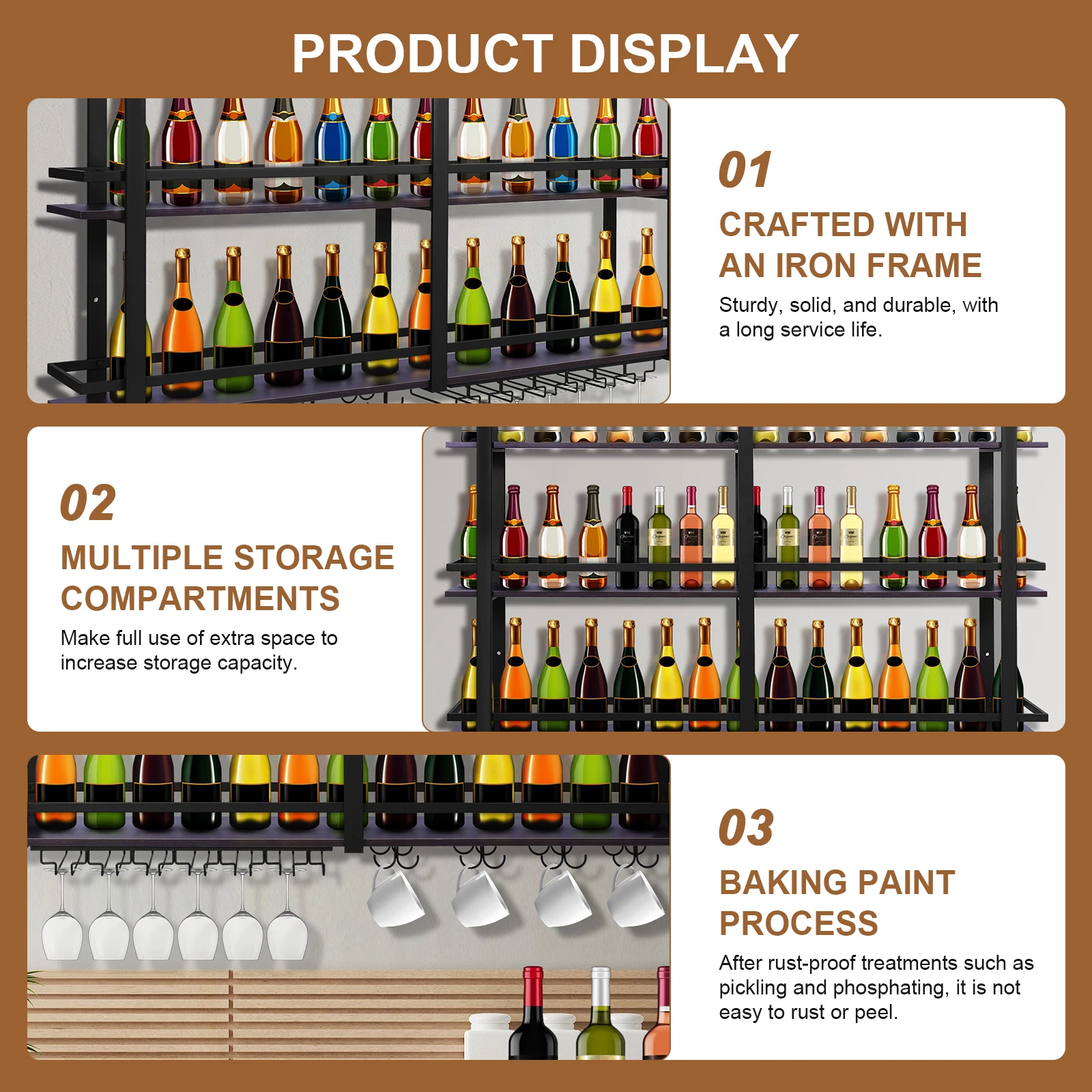 Wall Mounted Wine Rack 3 Tier Wine Storage Organizer with Glass Holder 63in for Kitchen Dining Room Home