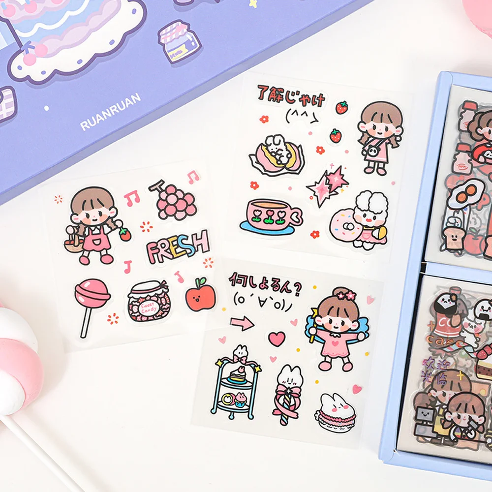 Mr.paper 200 Pcs/Box Cute Cartoon PVC Sticker Gift Box Kawaii Girl Heart Hand Account Decoration Stickers Kids Stickers